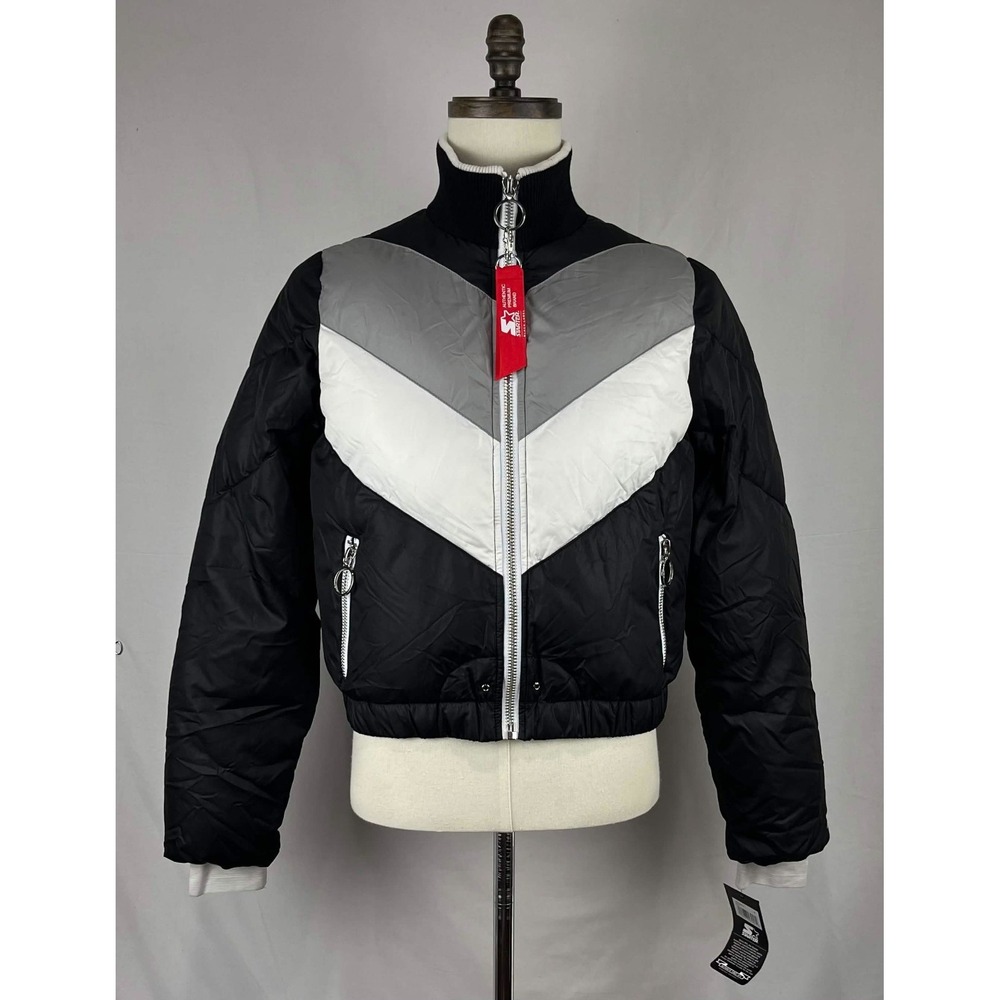 NWT Starter Black Label Puffer Jacket Cropped Chevron Big Logo Black Womens Sz M